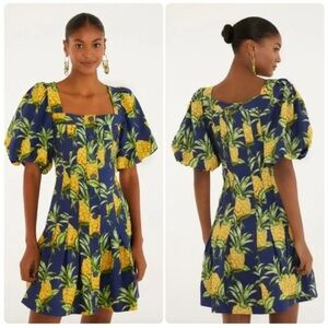 Farm Rio Tropical Pineapple Print Puff Sleeve Linen Mini Dress Small